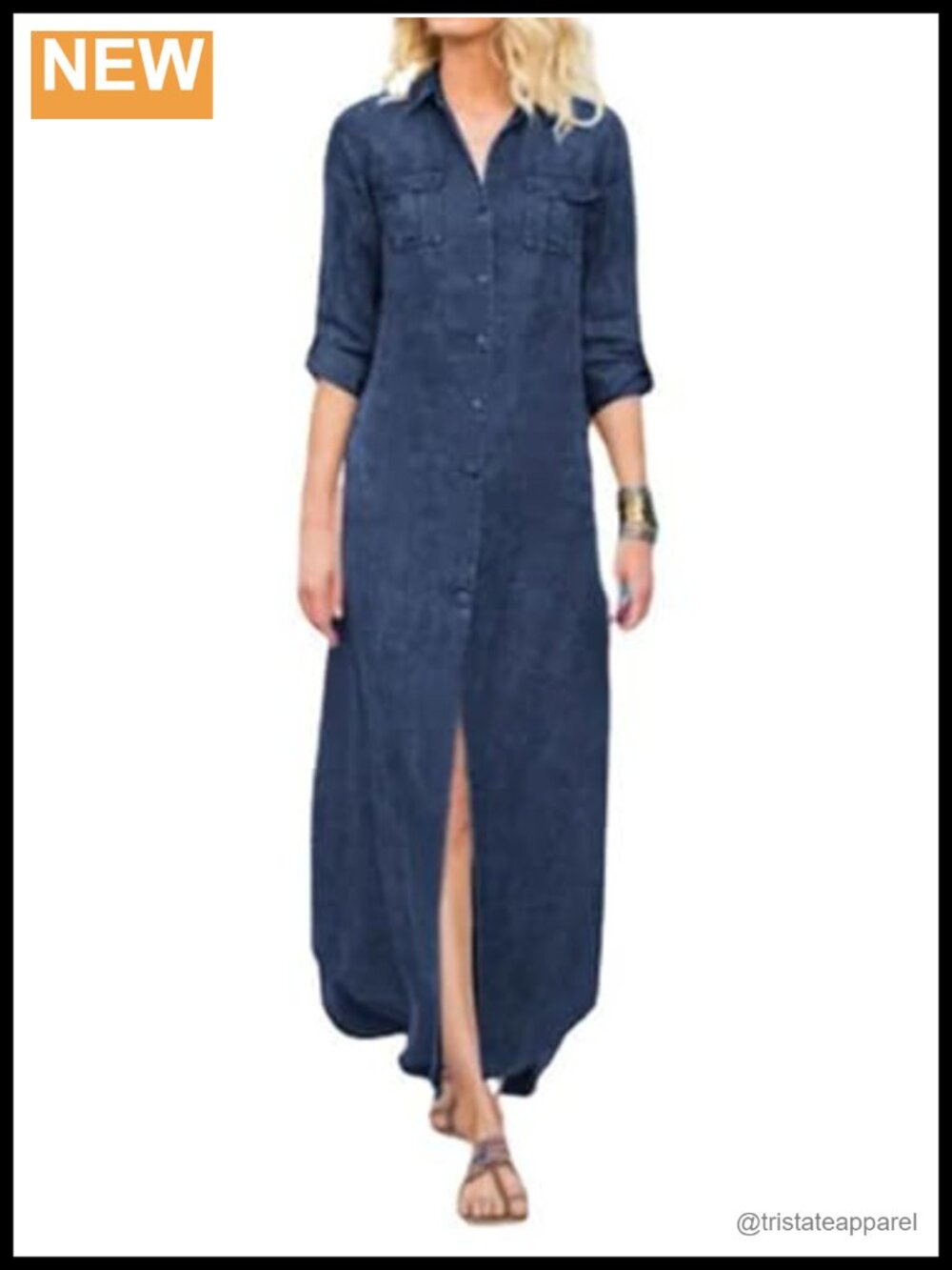 Womens Denim Shirt Dress Maxi Button Down Long Sleeve Casual Jean Dress